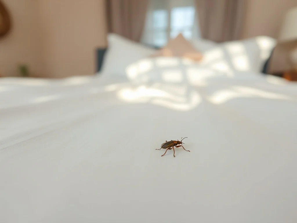 Szubak dwukropek na białej pościeli w sypialni. Zbliżenie na owada, który może być szkodnikiem w domu.