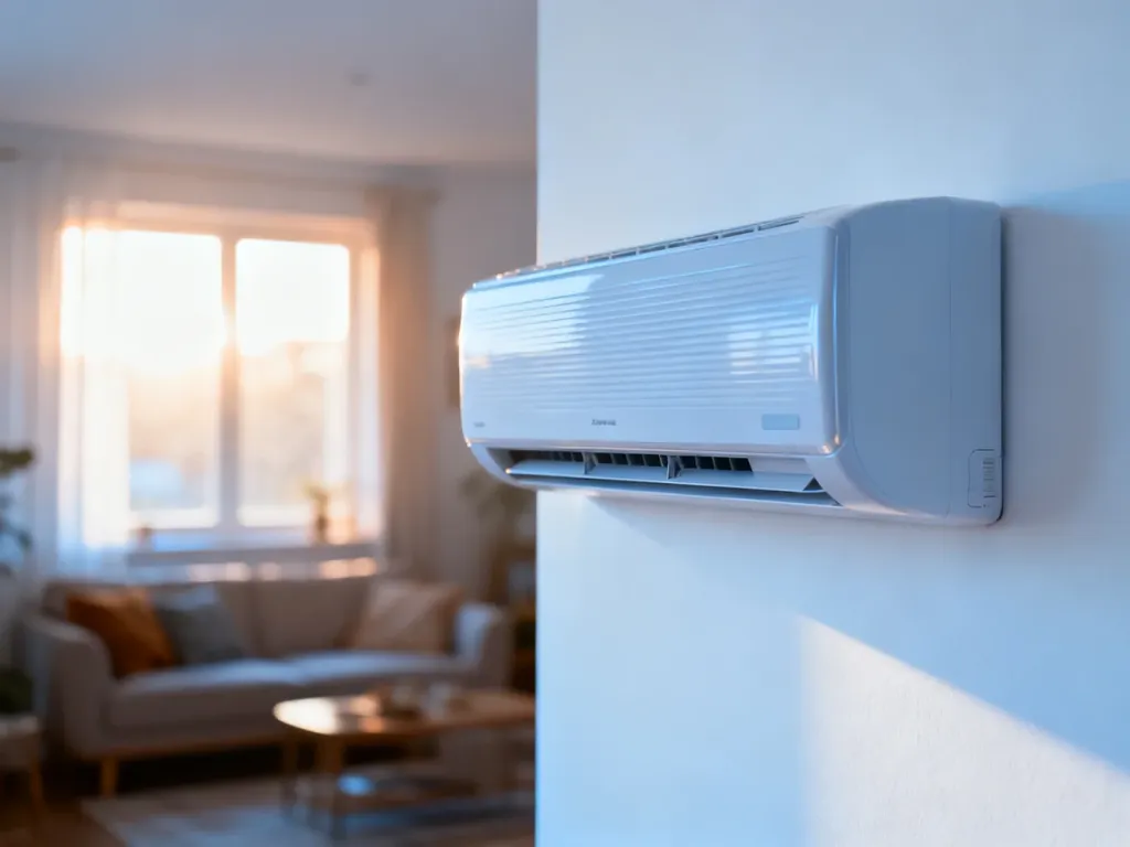 Nowoczesny klimatyzator typu split zamontowany na białej ścianie w przytulnym salonie.