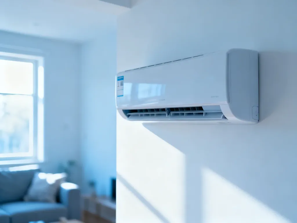 Nowoczesny klimatyzator ścienny w jasnym, minimalistycznym salonie, podkreślający komfort i estetykę nowoczesnego domu.