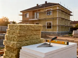 Próbki betonowej kostki brukowej w różnych kolorach i fakturach ułożone na palecie w składzie budowlanym.